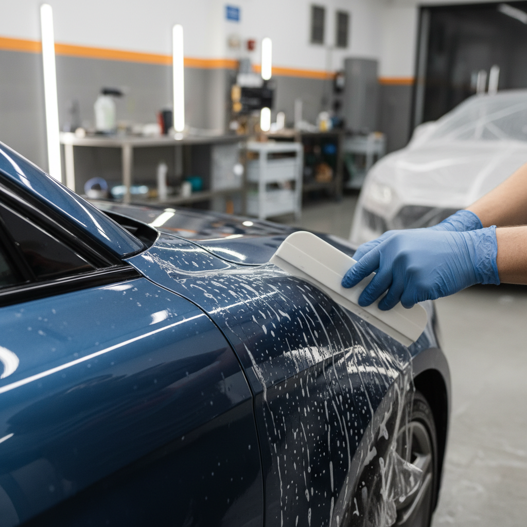 Close-up of squeegee removing water under clear paint protection film on car panel