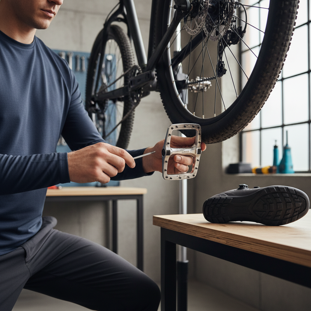 Cyclist adjusting flat pedal pins and checking shoe-pedal contact