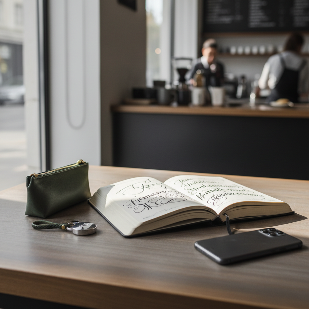 Travel journal on a cafe table with minimal personal details and a small lock pouch nearby