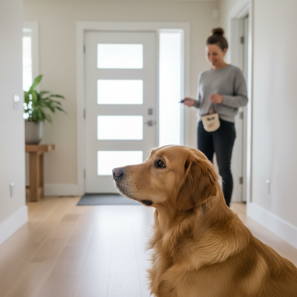 Dog reacting to a doorbell while owner prepares training treats