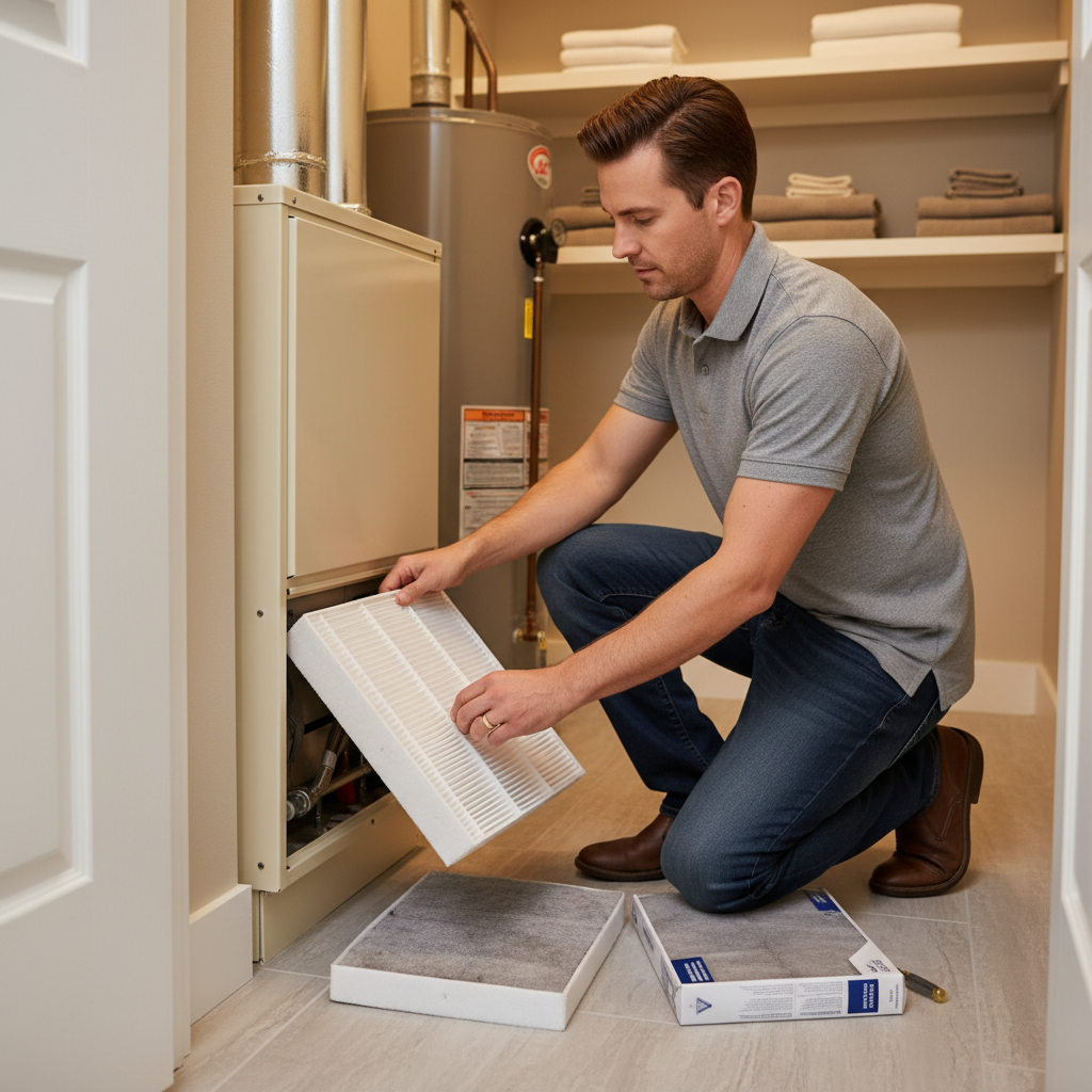 Homeowner replacing HVAC air filter to reduce household dust