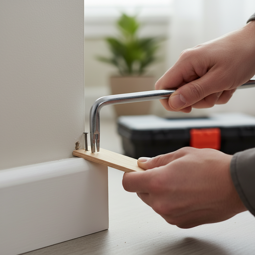 Using a wood shim under a pry bar fulcrum to protect trim while pulling a nail