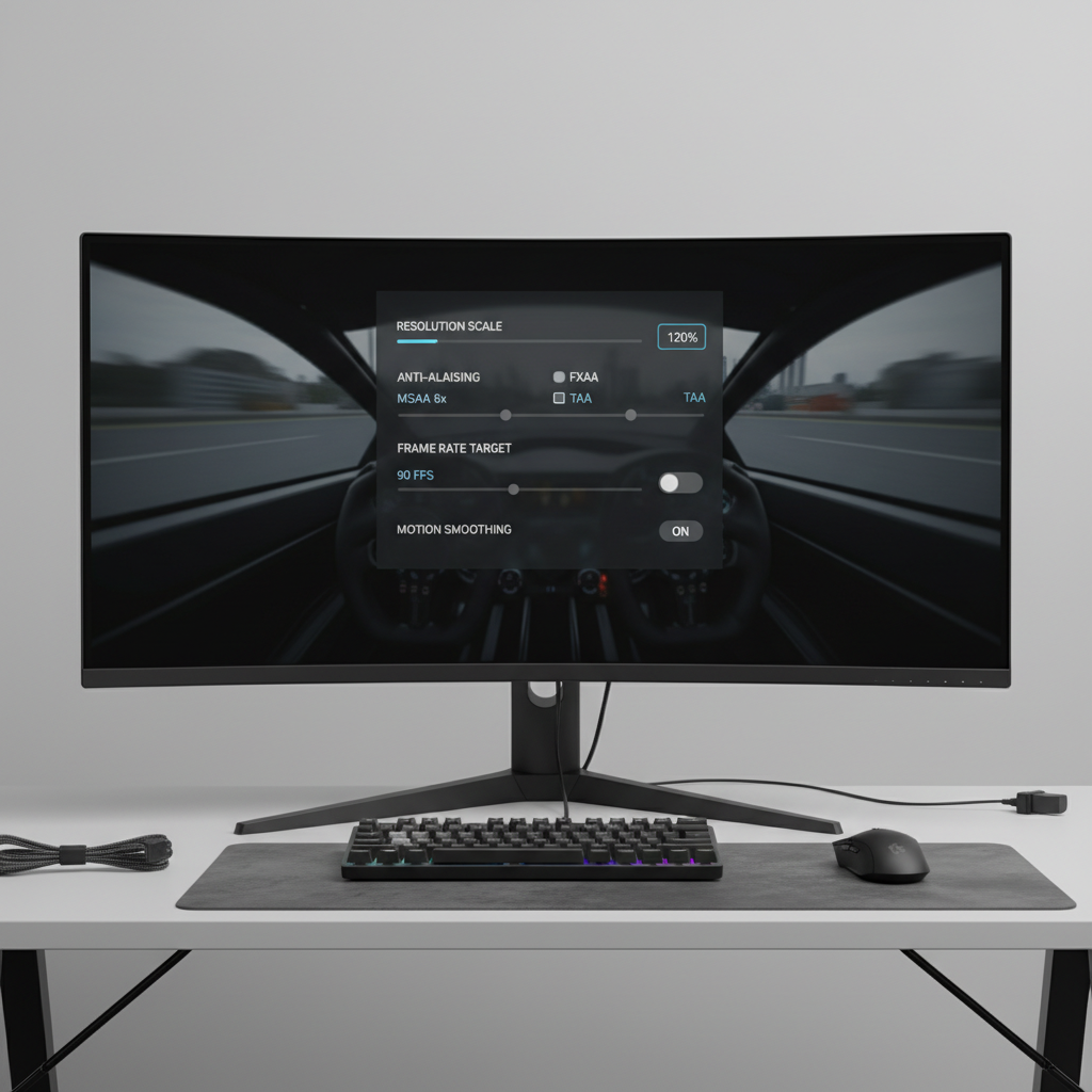 PC VR graphics settings screen for a racing simulator showing resolution scaling and frame rate options