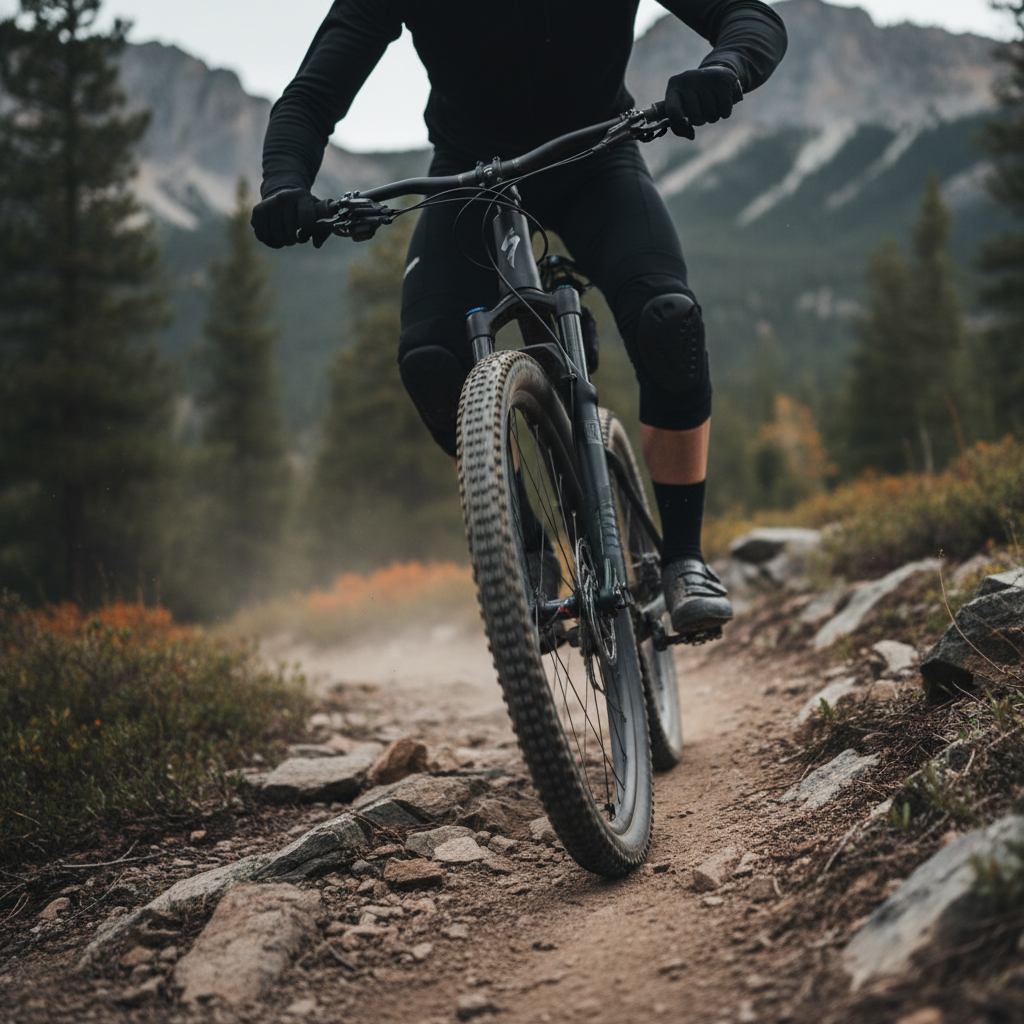 Mountain biker wearing cycling knee pads for protection on a rocky trail