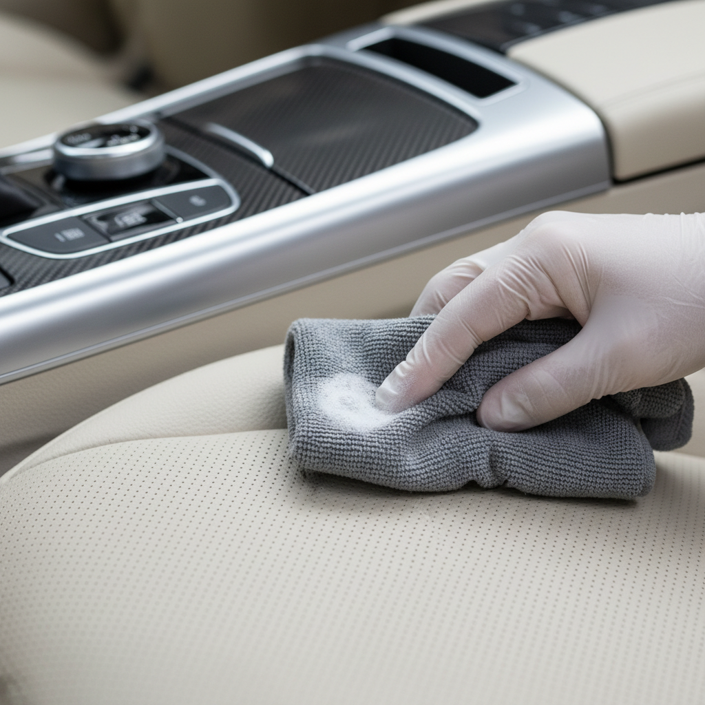 Spot testing a leather cleaner on a hidden area of a car seat