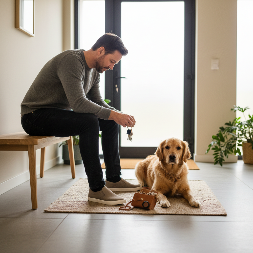 Owner practicing short departures with dog settling on a mat near the front door