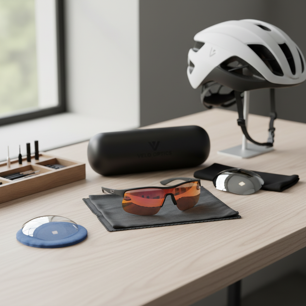 Cyclist comparing interchangeable lenses and cleaning kit on a workbench