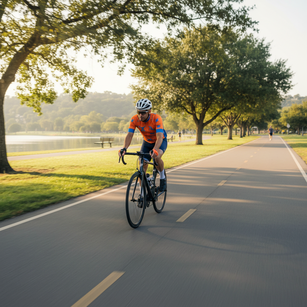 Beginner cyclist on a long easy endurance ride on a safe bike path