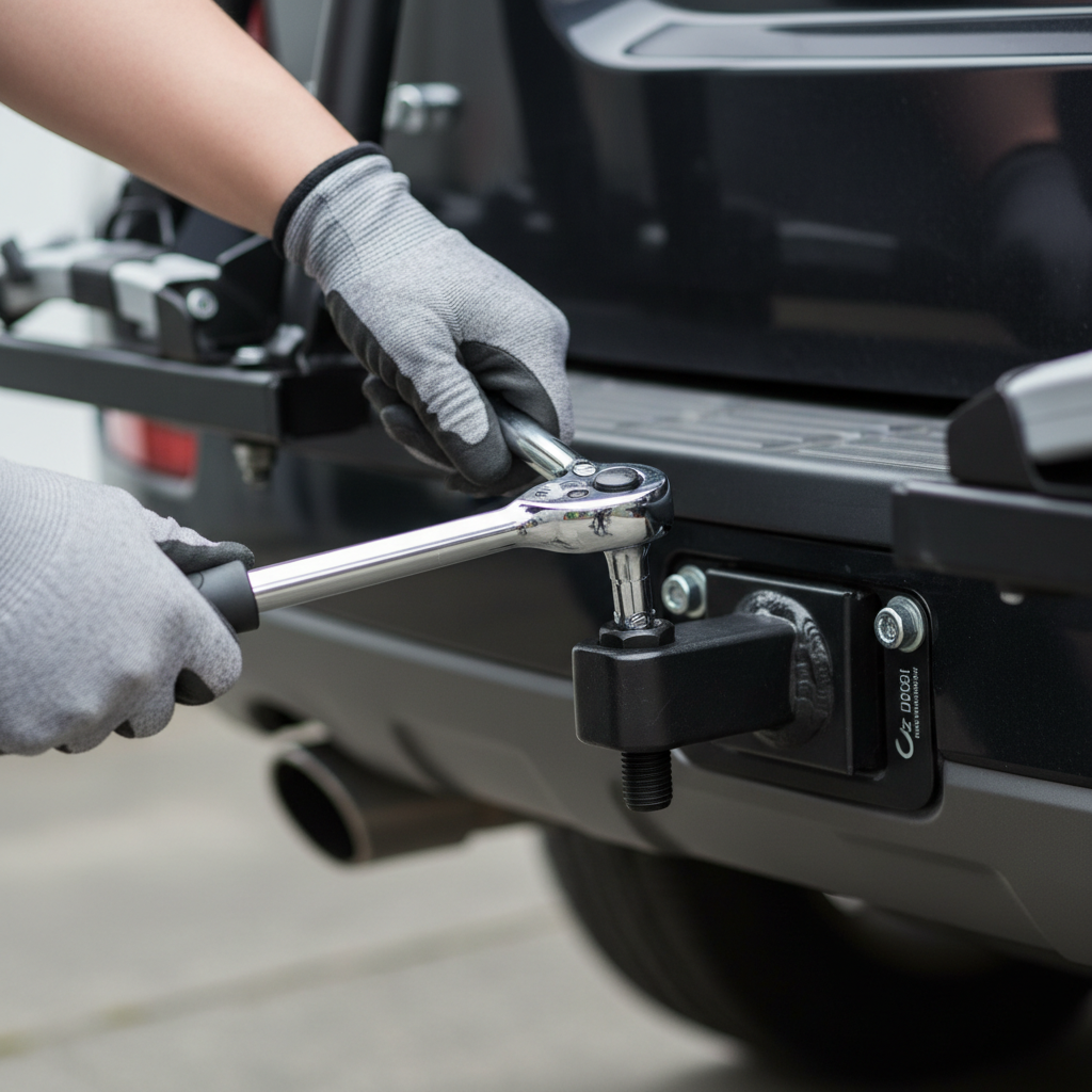 Close-up of tightening an anti-wobble hitch mechanism on an SUV bike rack