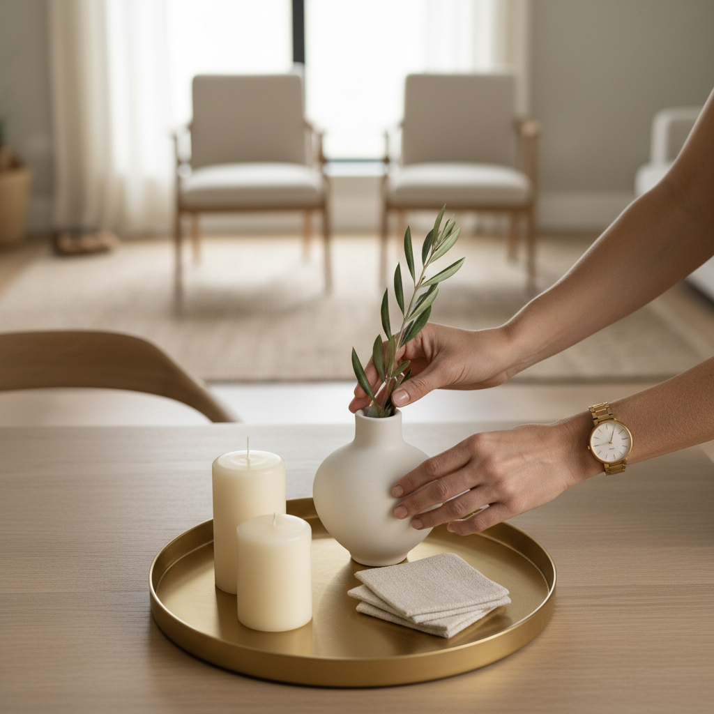 Hands arranging a simple dining table centerpiece with greenery and candles