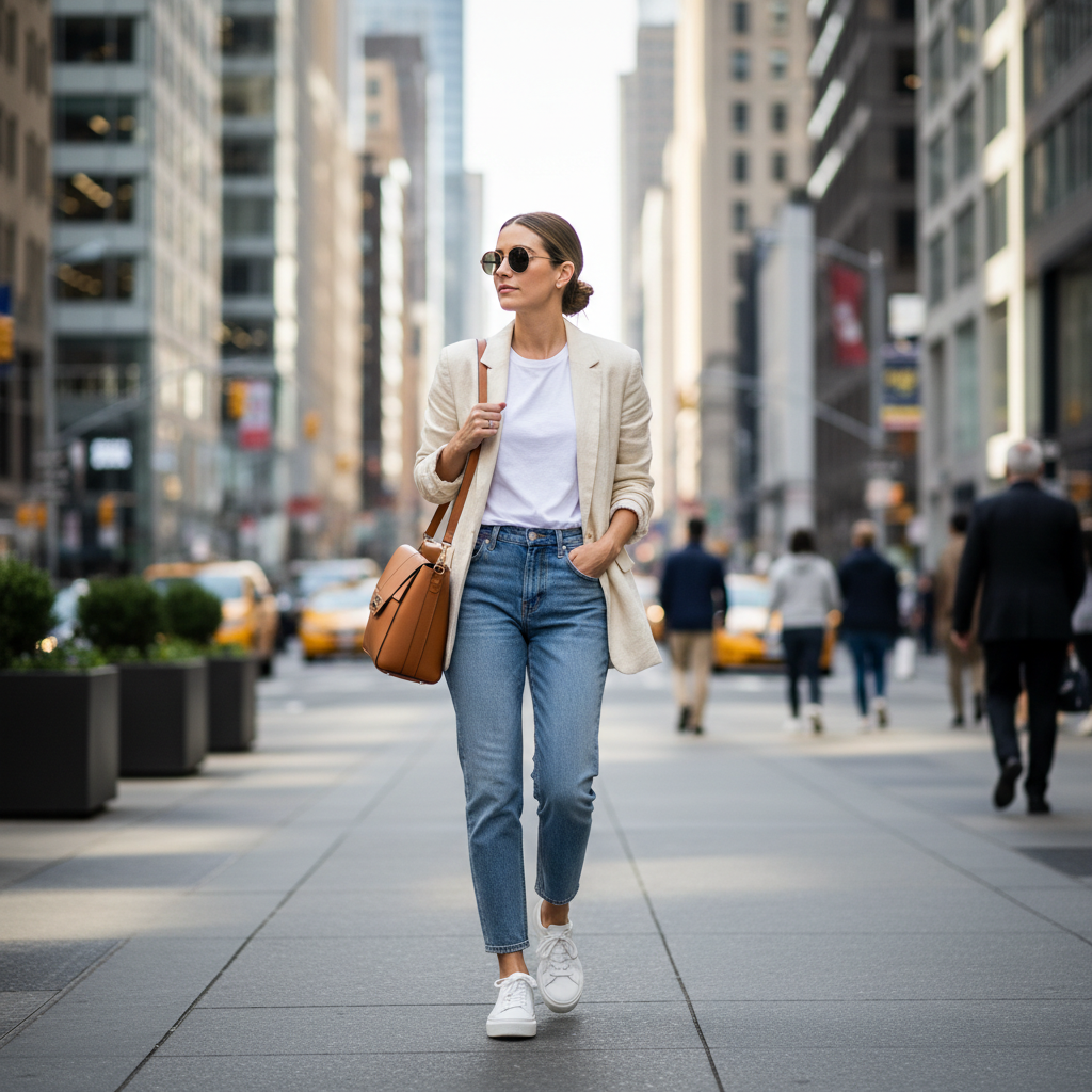 Woman wearing a modern capsule wardrobe outfit with blazer, jeans, and sneakers in a city setting