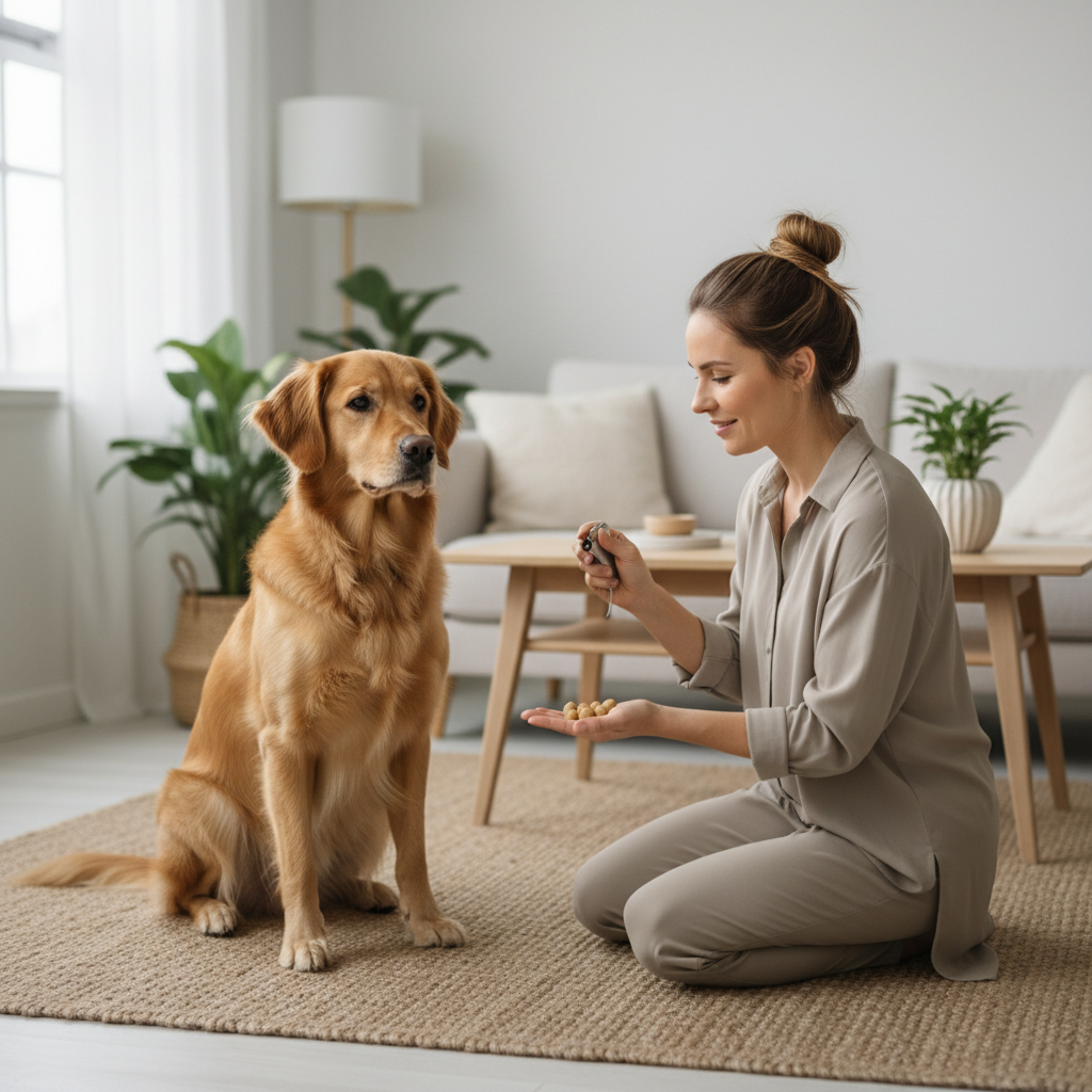 Training setup with treats and a calm dog practicing quiet cue indoors