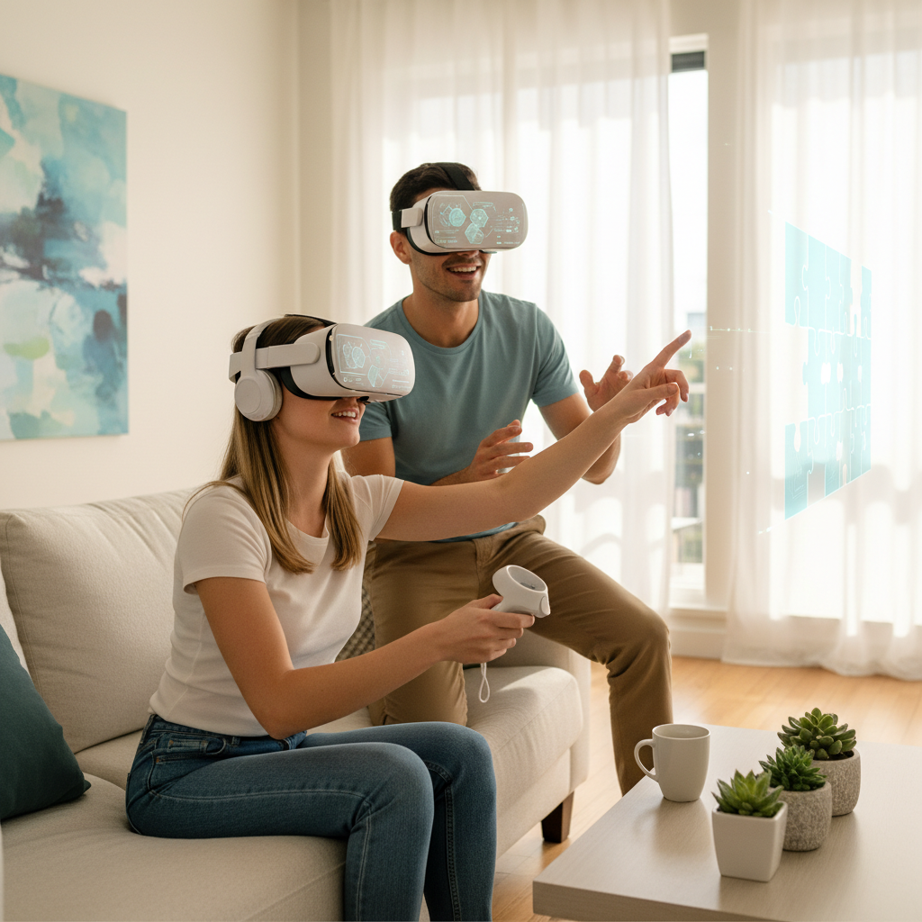 Players solving a VR escape room puzzle together in a living room setup