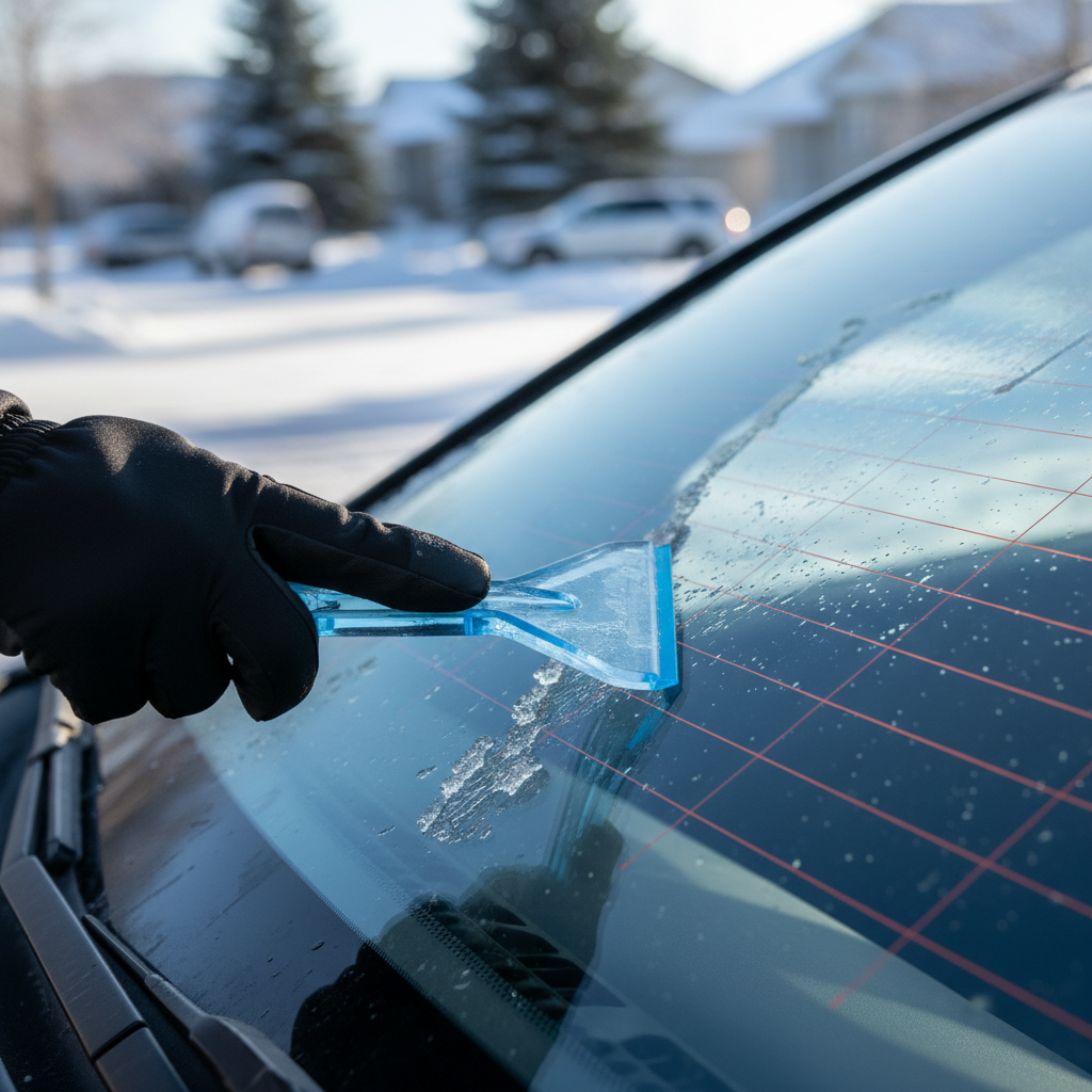 Close-up of ice scraping on a windshield with safe technique and proper angle