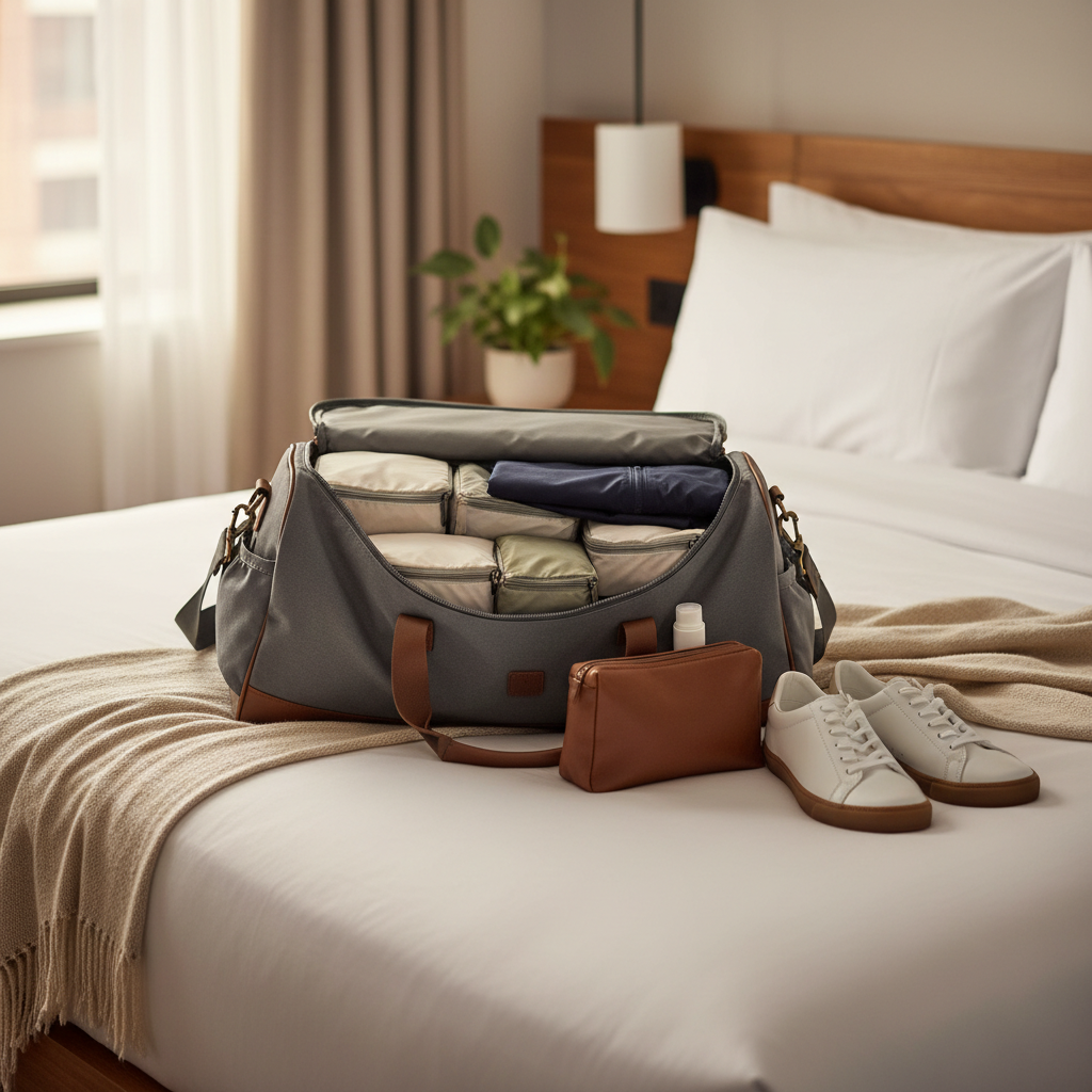 Weekend trip duffle bag packed with essentials on a hotel bed