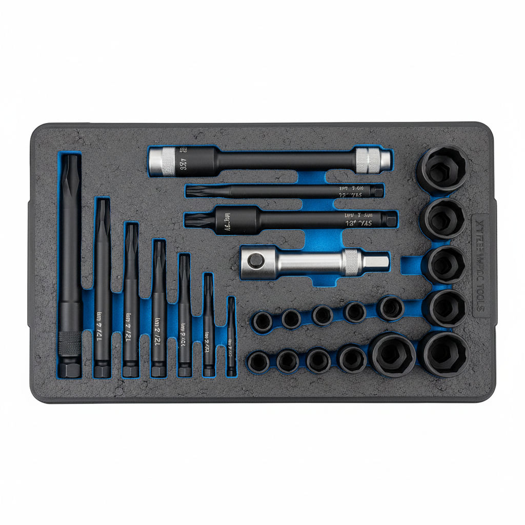 Impact-rated bits, sockets, and adapters organized for mechanic use