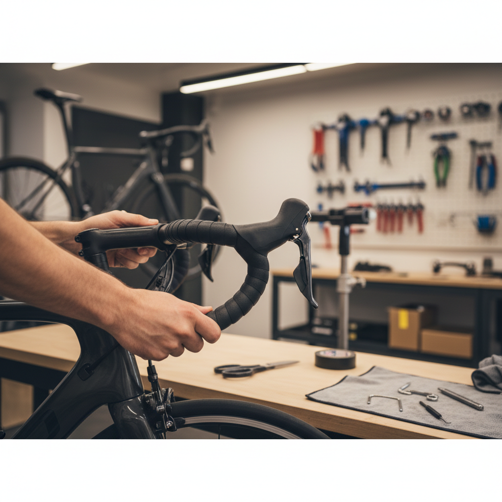 Mechanic wrapping soft handlebar tape around brake hood with clean overlap