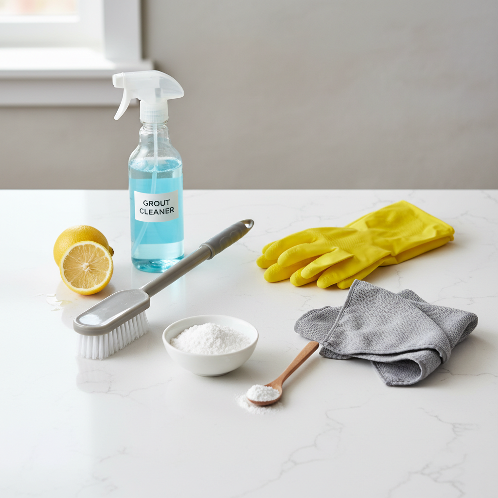 Bathroom grout cleaning tools laid out: grout brush, microfiber cloth, gloves, spray bottle