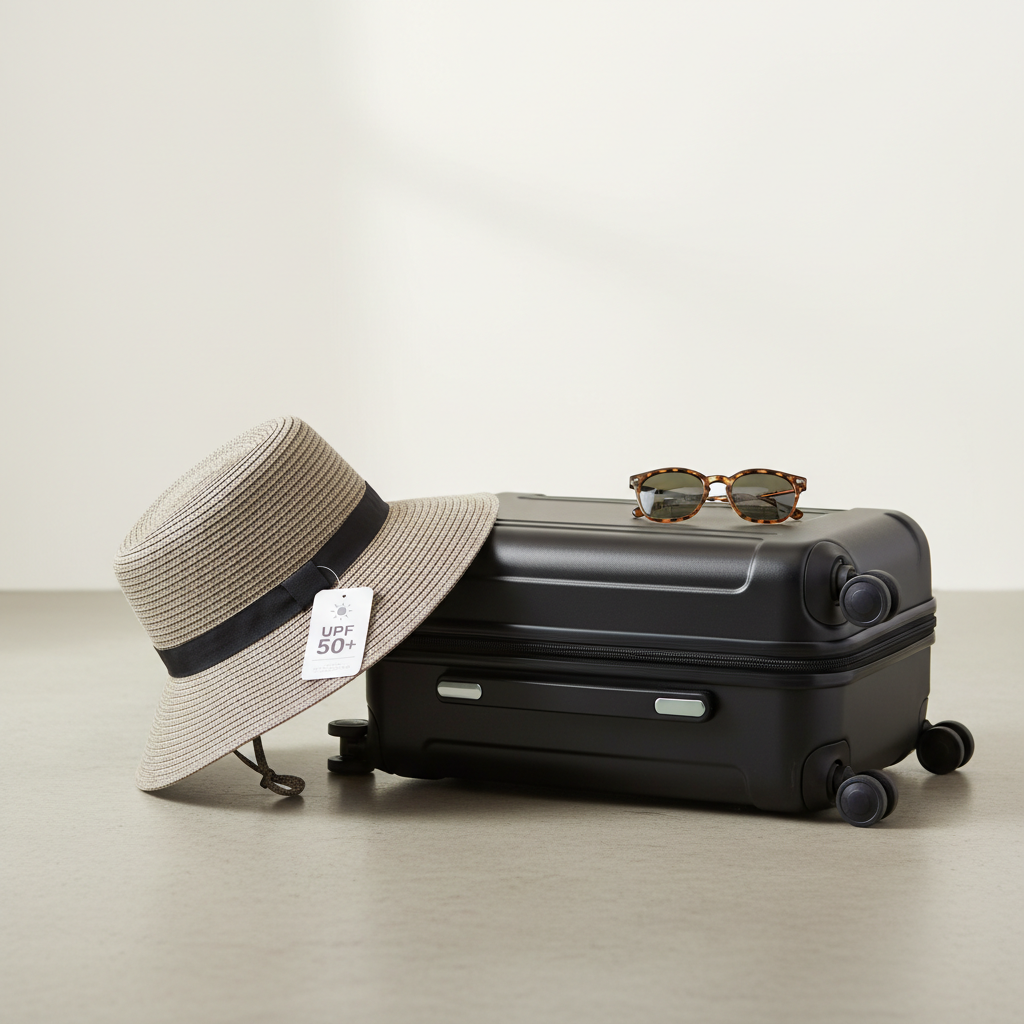 Packable travel sun hat with wide brim and UPF label on a carry-on suitcase