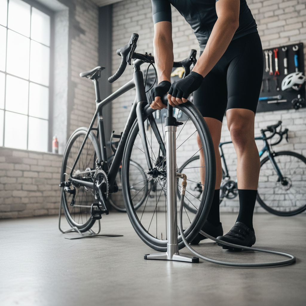 Step-by-step using a floor bike pump on a bicycle tire with pressure gauge
