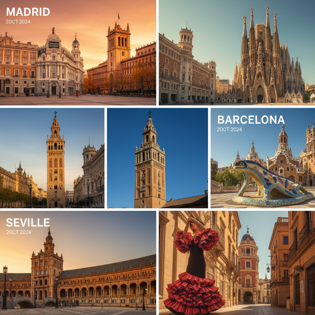 Spain 10-day itinerary highlights with Madrid Seville Barcelona landmarks collage