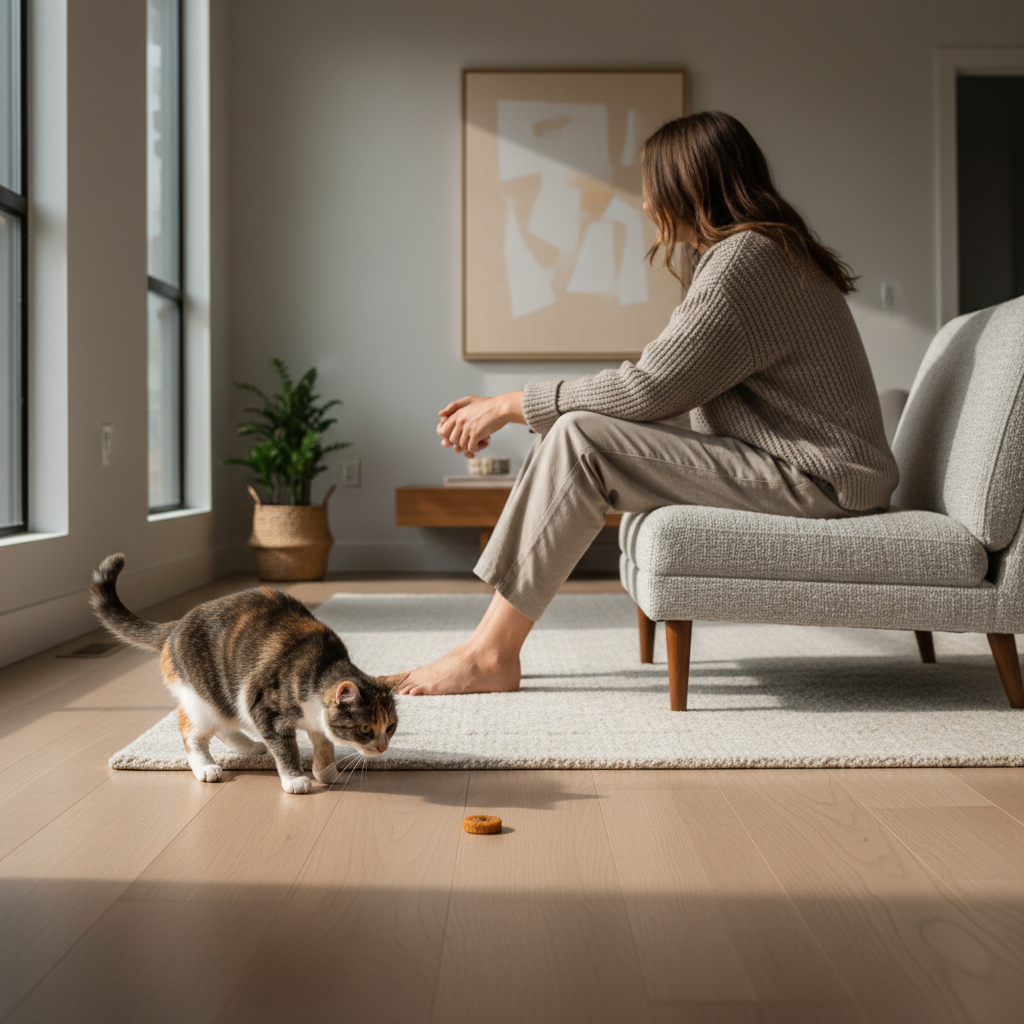 Cat approaching a treat placed on the floor at a safe distance