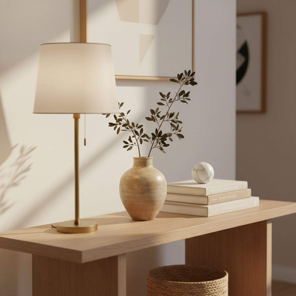 Entryway console table styling height variation with lamp, vase, and books