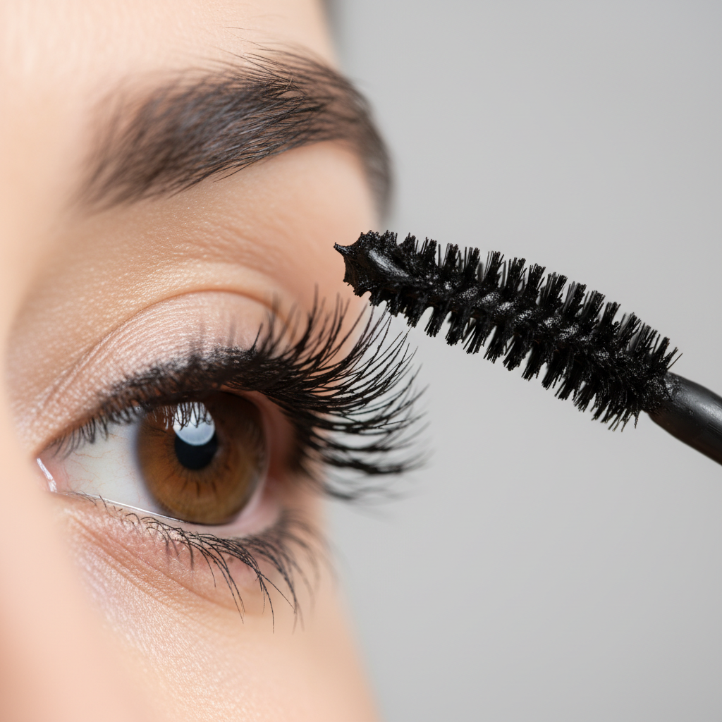 Close-up of mascara wand next to long natural lashes for lengthening and separation
