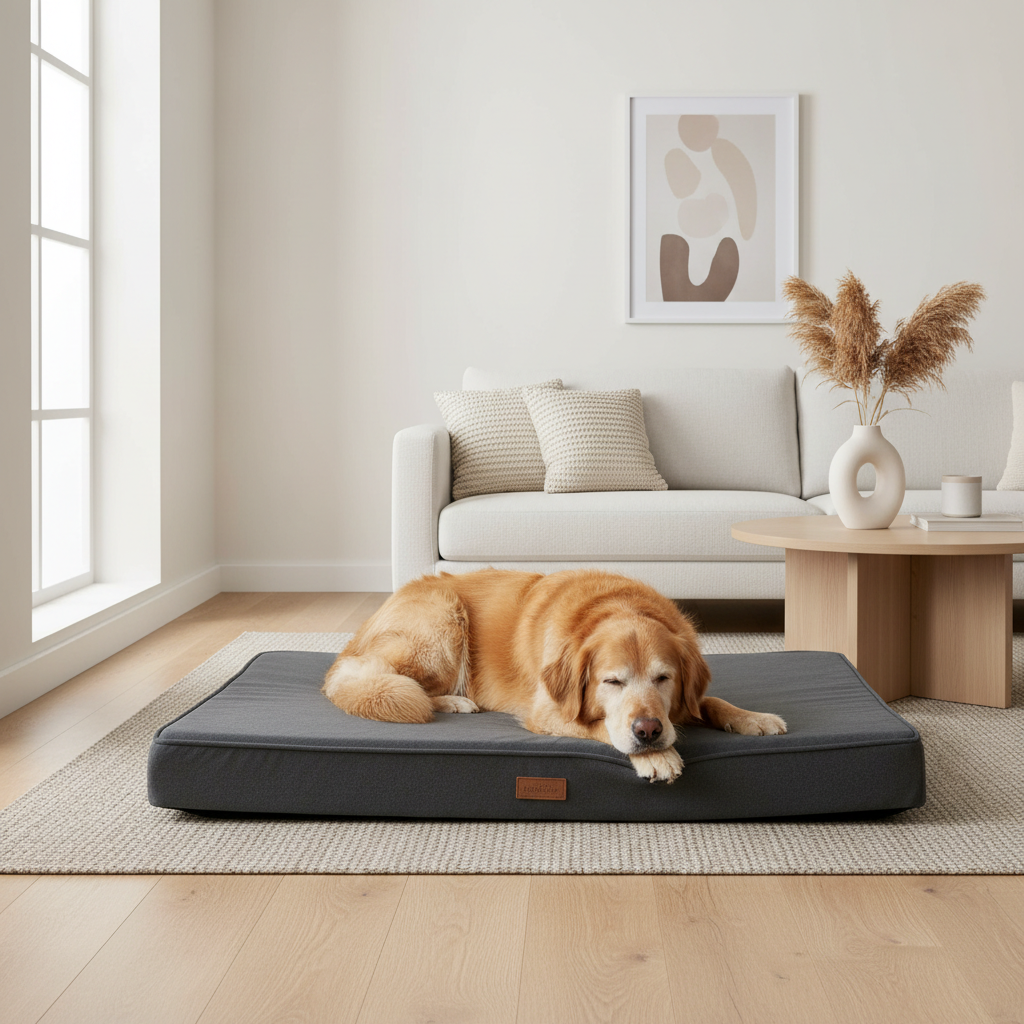 Large dog resting on an orthopedic foam bed in a bright living room