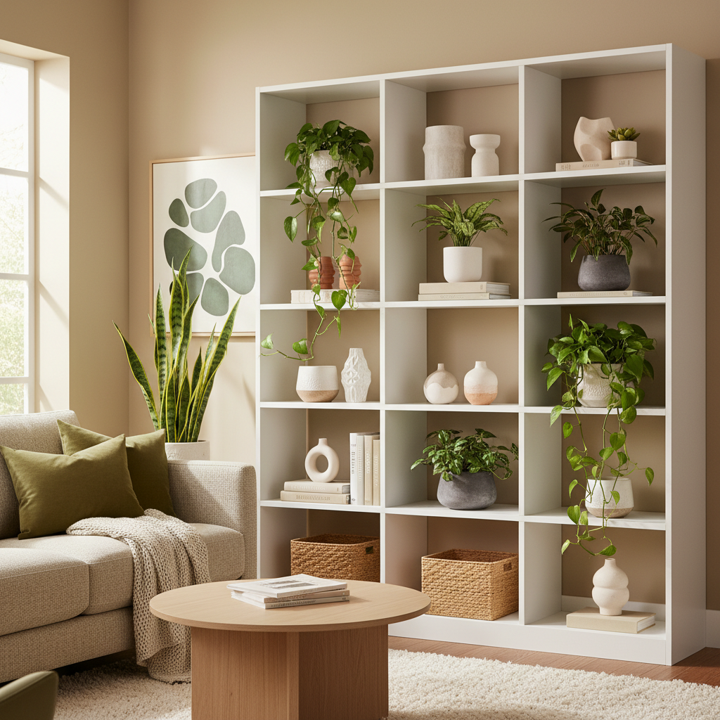 Low maintenance indoor plants styled on a living room shelf for home decor