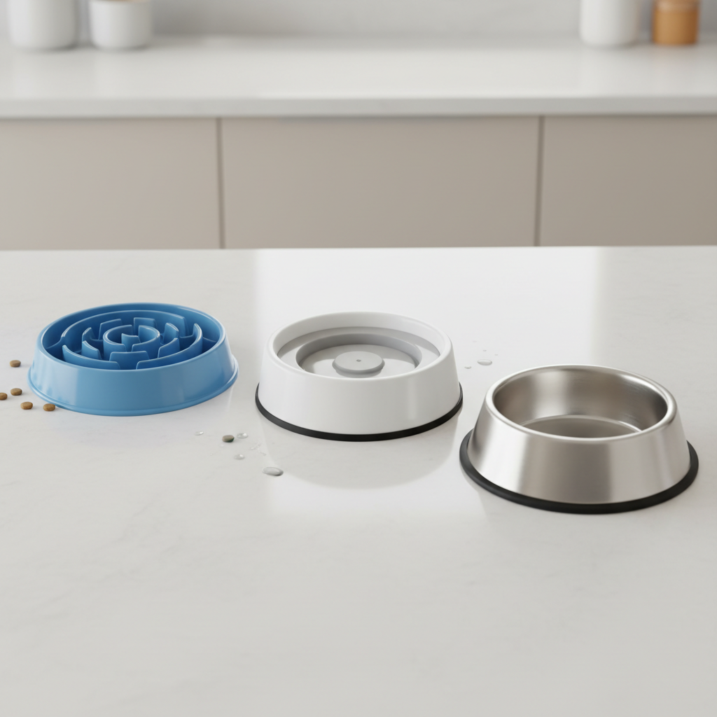 Comparison of slow feeder bowl, splash-proof water bowl, and heavy stainless bowl on a countertop