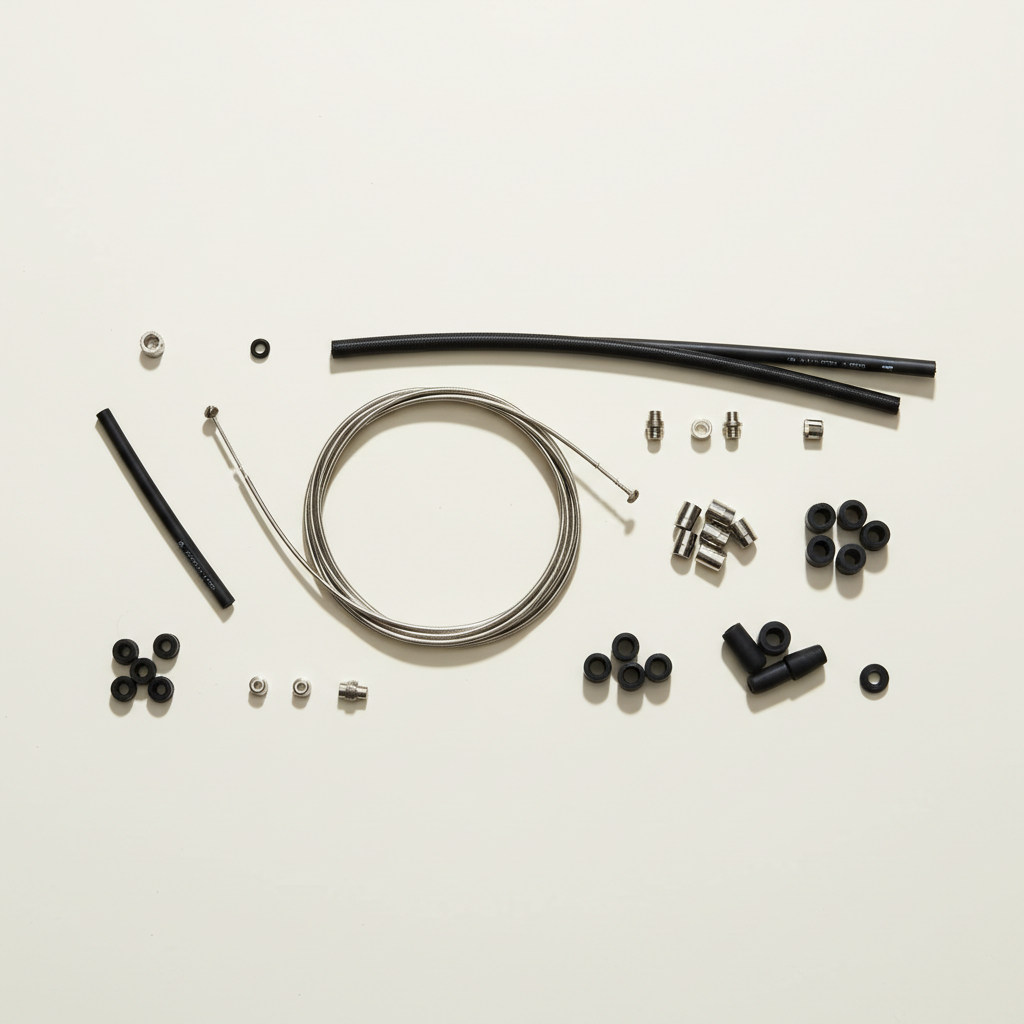 Flat lay of bike shift cables, housing, ferrules, and end caps on a clean table