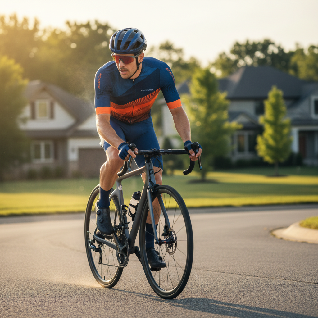 Cyclist wearing a moisture wicking jersey on a hot summer road ride