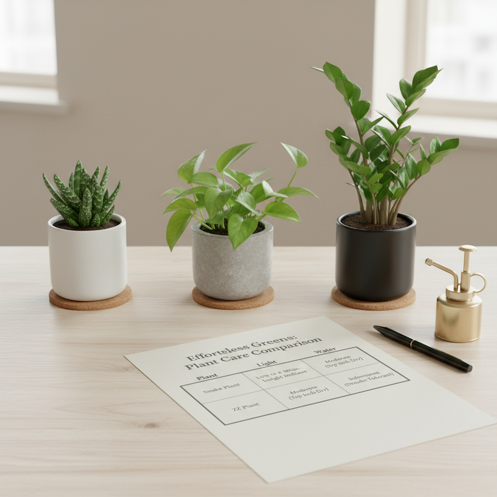 Table comparing low maintenance indoor plants for home decor by light and watering needs
