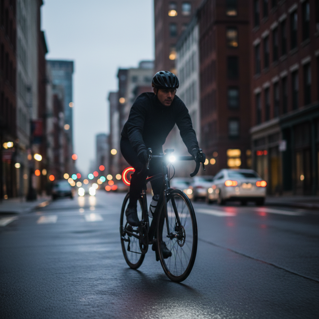 USB rechargeable bike light set mounted on handlebars and seatpost for nighttime city commuting