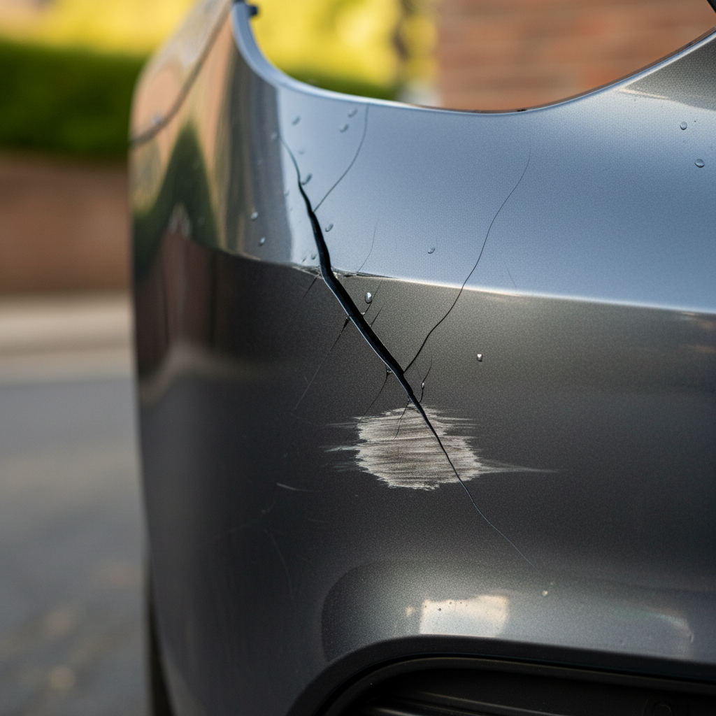 Cracked plastic car bumper corner close-up before repair