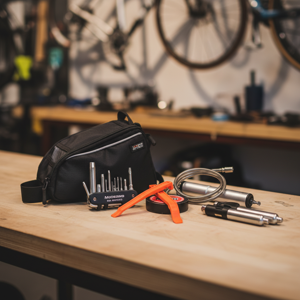 Cycling repair essentials including multi-tool, mini pump, tire levers, and patch kit on a workbench