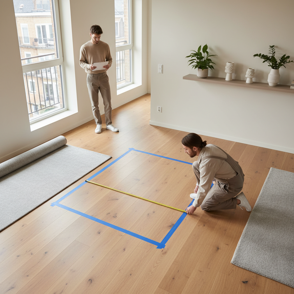 Measuring a small dining area with painter’s tape for a space-saving dining table