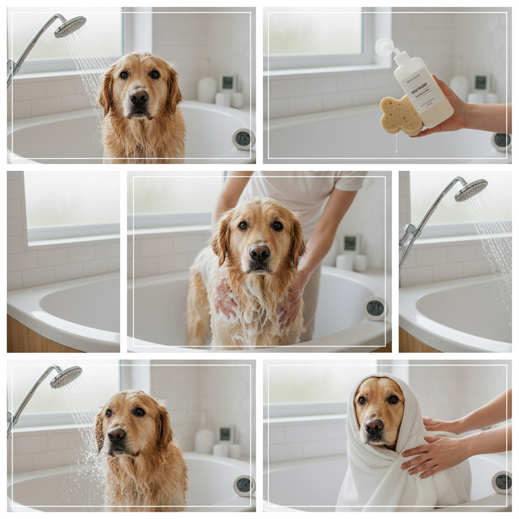Step-by-step dog bathing routine showing gentle rinsing and thorough rinse-out