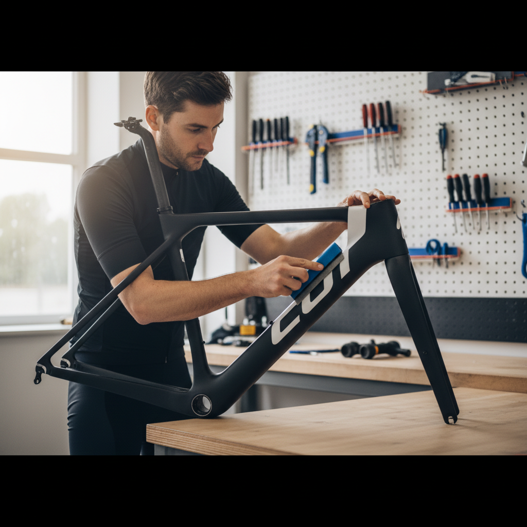 Applying a bike frame decal with a squeegee on a clean workbench
