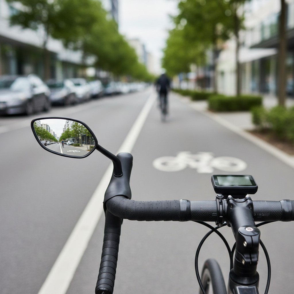 Handlebar bike mirror showing a clear rear view on a city street