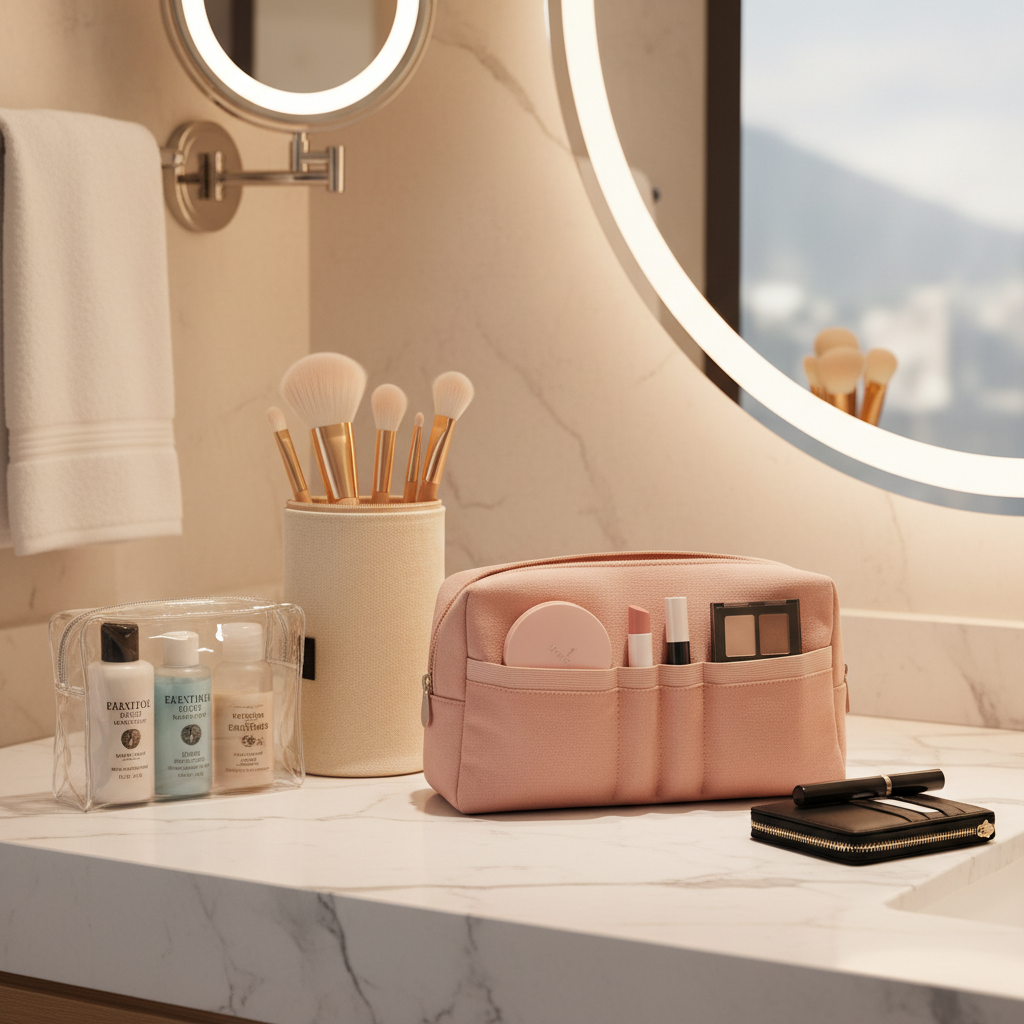 Organized travel makeup kit on a hotel bathroom counter using a zone system