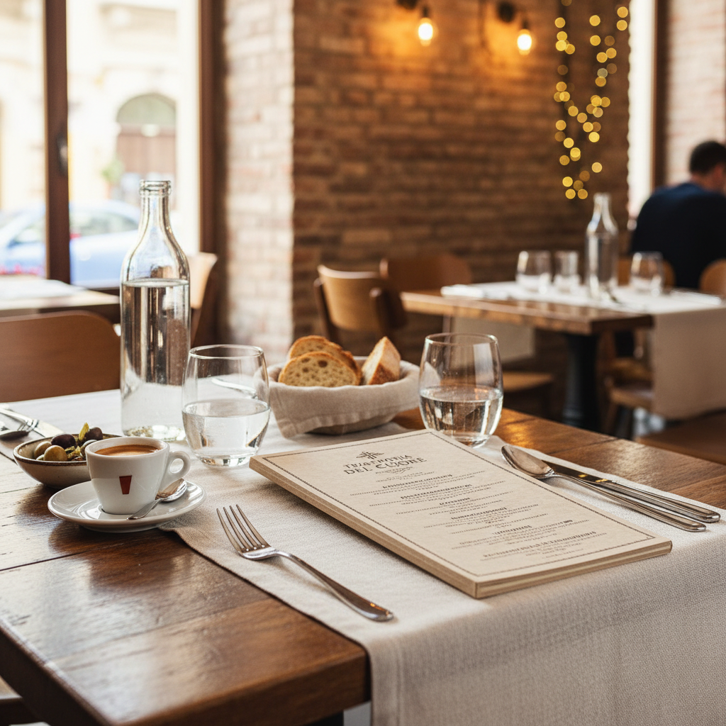 Italian trattoria table setting with menu and espresso in Italy