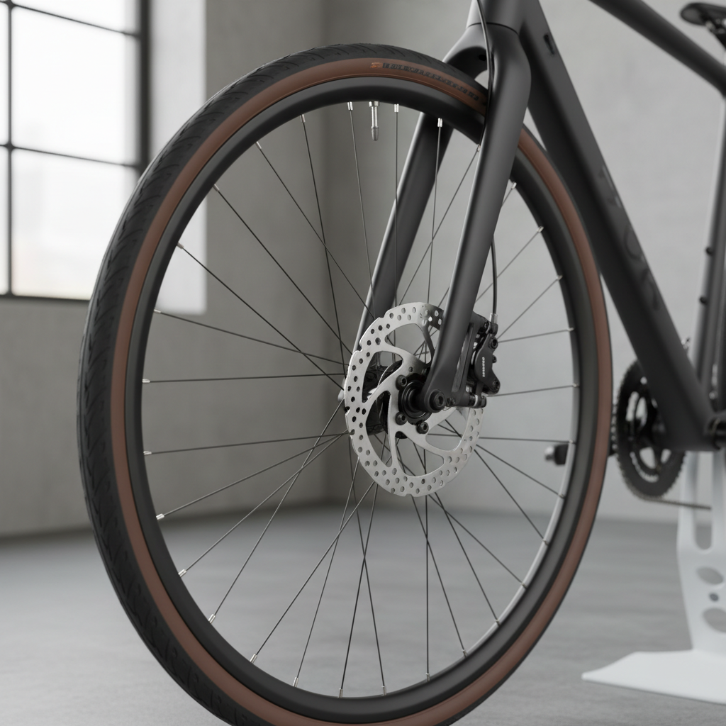 Close-up of hybrid bike components showing disc brakes and tire clearance for commuting