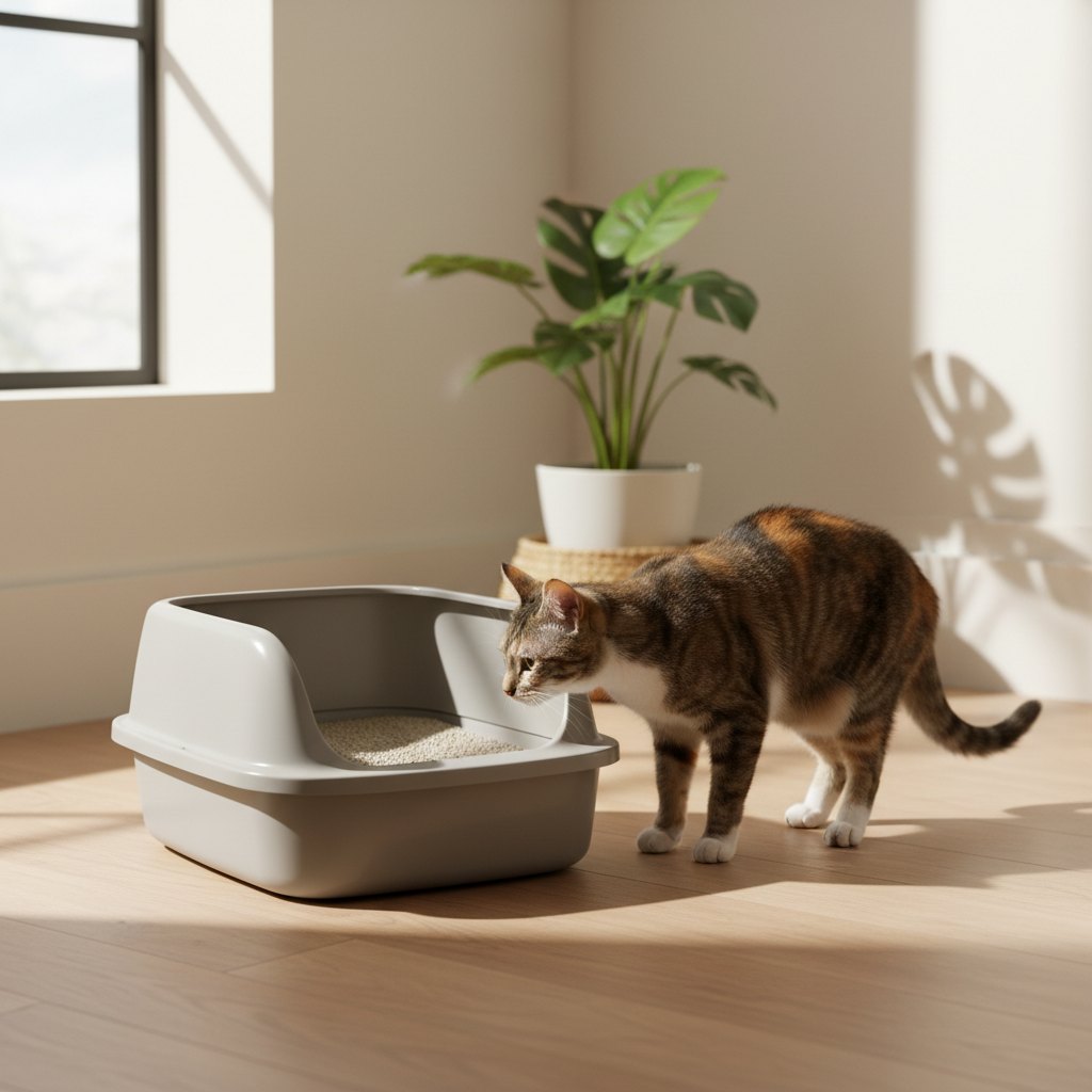 Cat approaching a clean litter box in a quiet home corner
