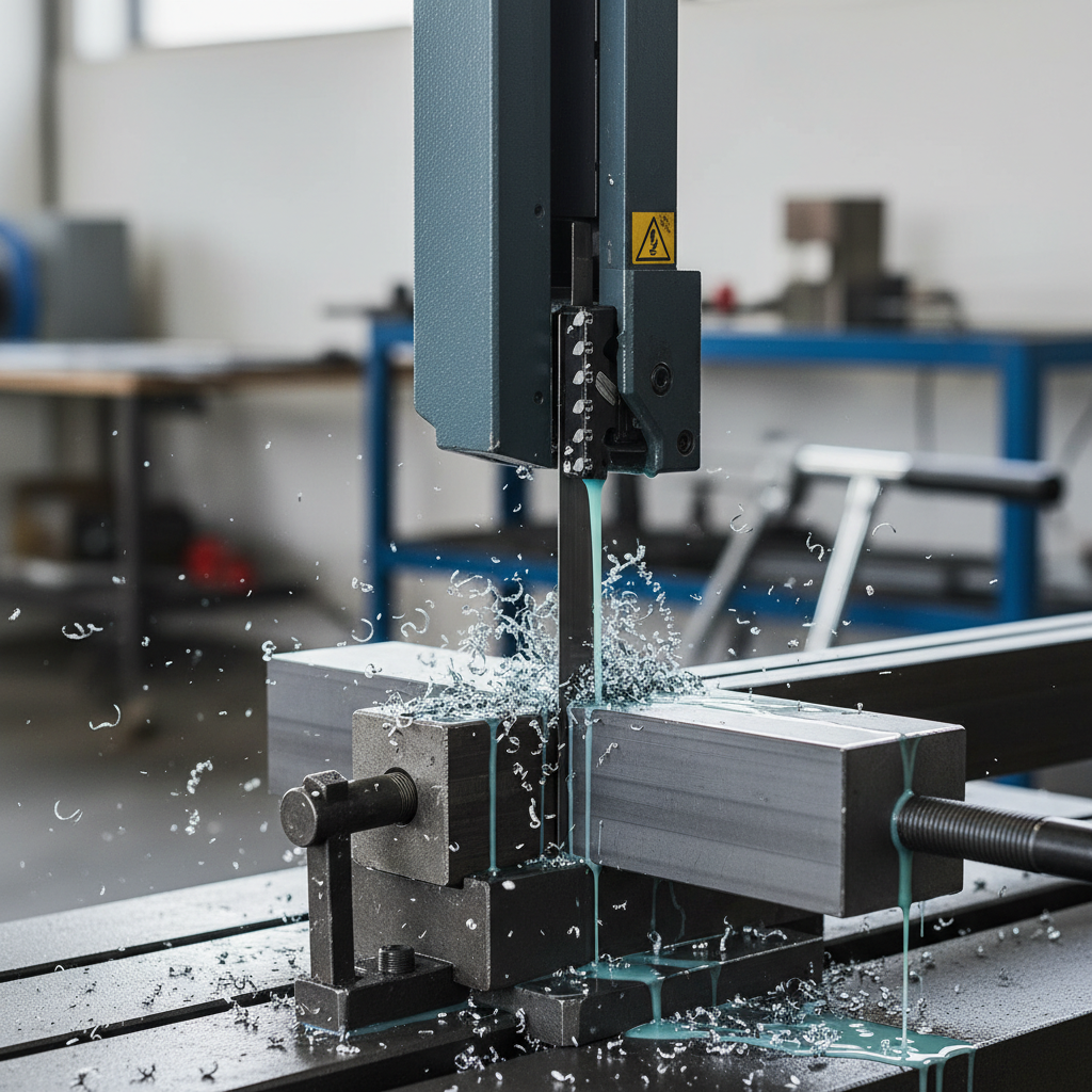 Close-up of band saw blade cutting steel with coolant applied for chip control