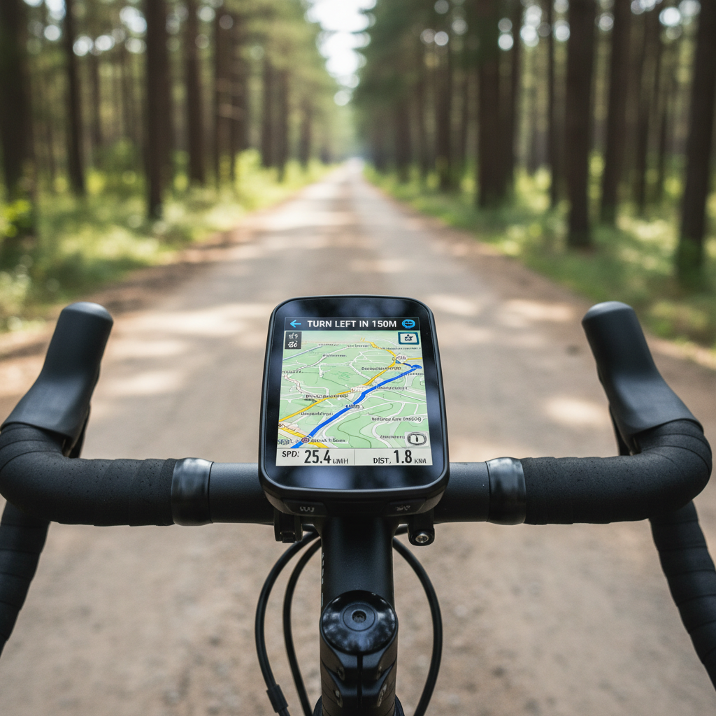 Bike computer navigation map screen showing turn-by-turn directions