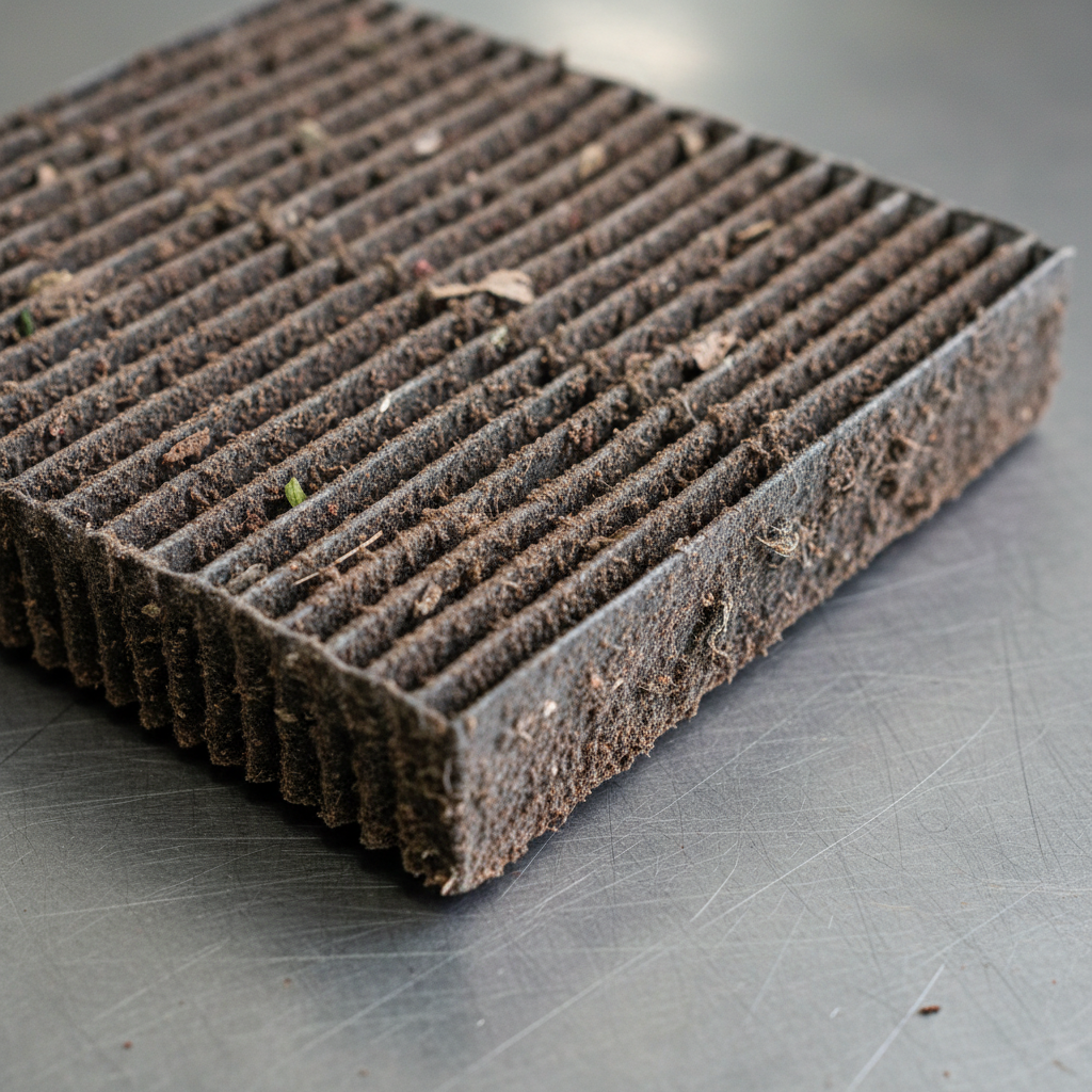 Dirty reusable engine air filter showing dust buildup on pleats