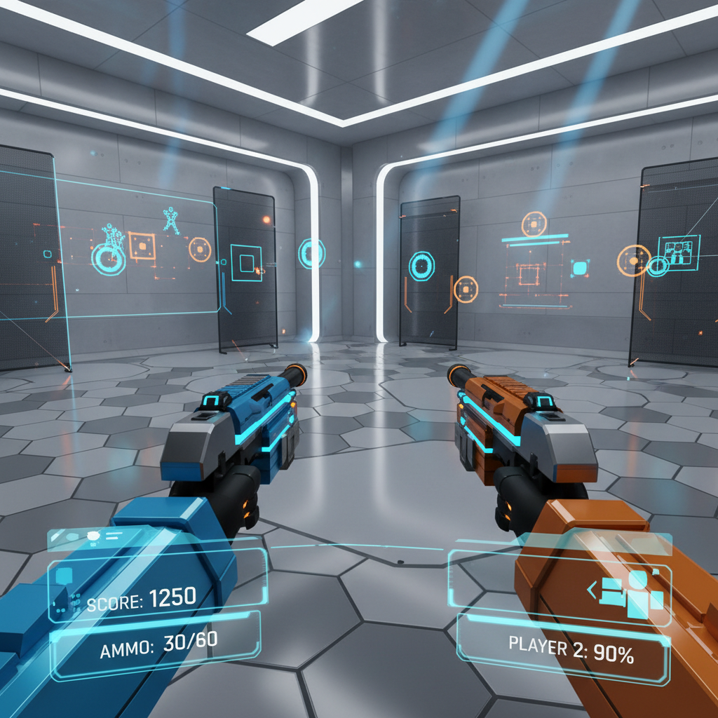 Roblox VR co-op shooter scene with two players aiming at targets