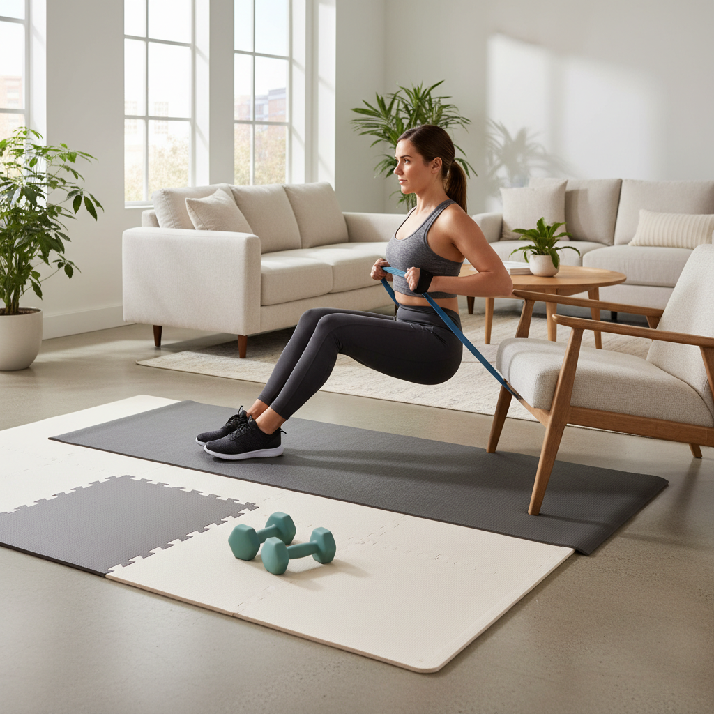 Low-impact apartment-friendly workout with resistance bands and dumbbells on a mat